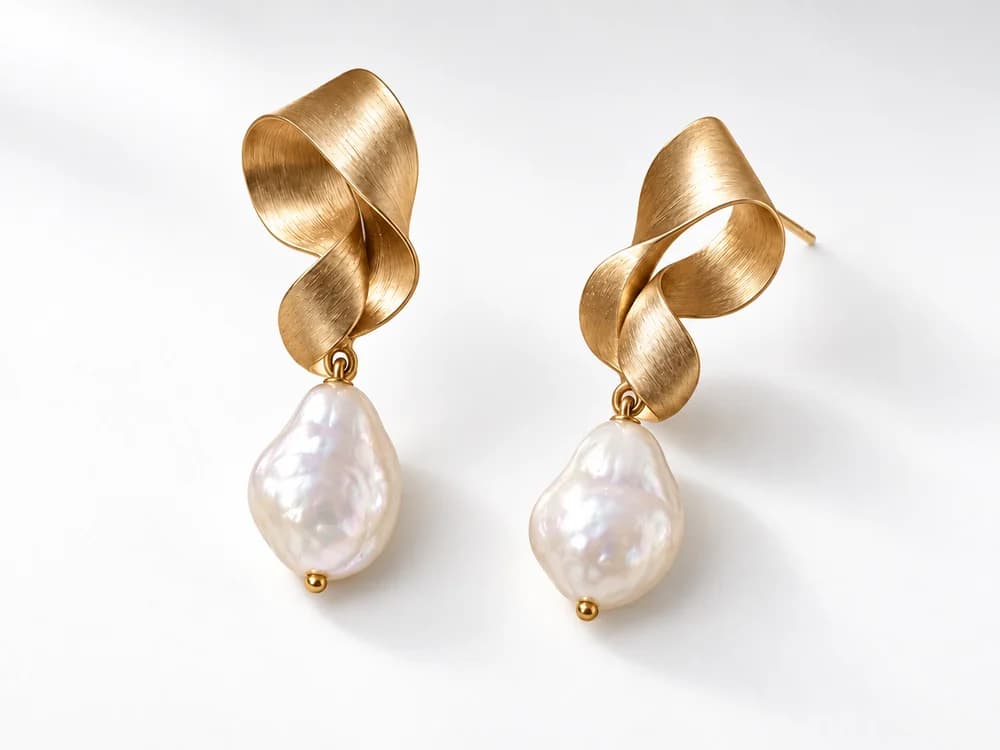 Accessory concept: sculptural gold ribbon earrings with baroque pearl drops on a white studio background with soft shadows