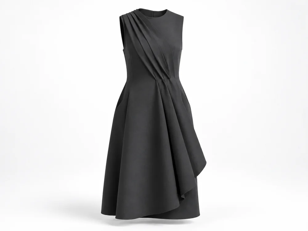 Apparel concept: charcoal asymmetric pleated dress on a white studio background with soft dimensional shadows