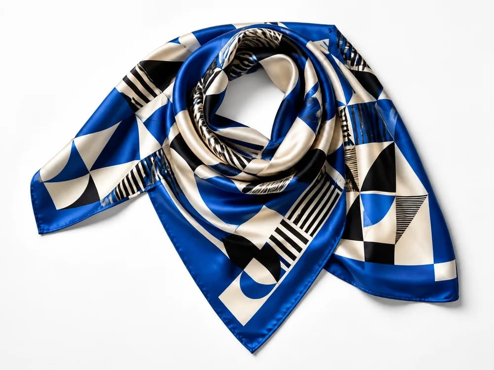Fashion goods concept: cobalt and ivory geometric silk scarf with natural folds and soft shadows on white