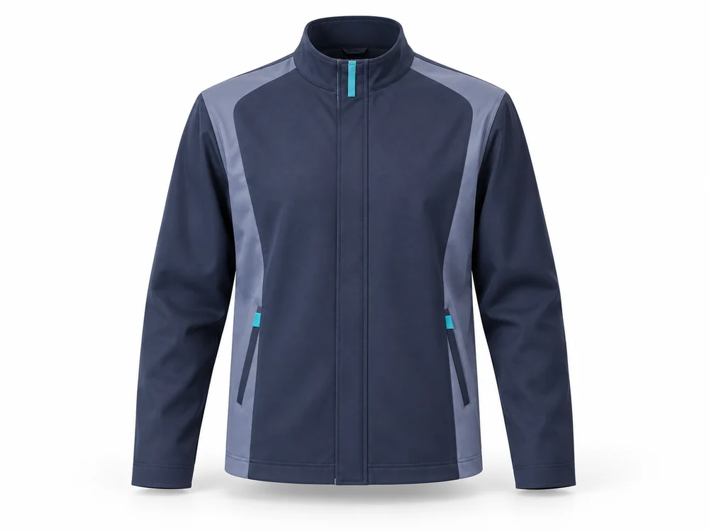 Uniform concept: a single men's blue color-block jacket with turquoise accents, photographed without a model on a white studio background