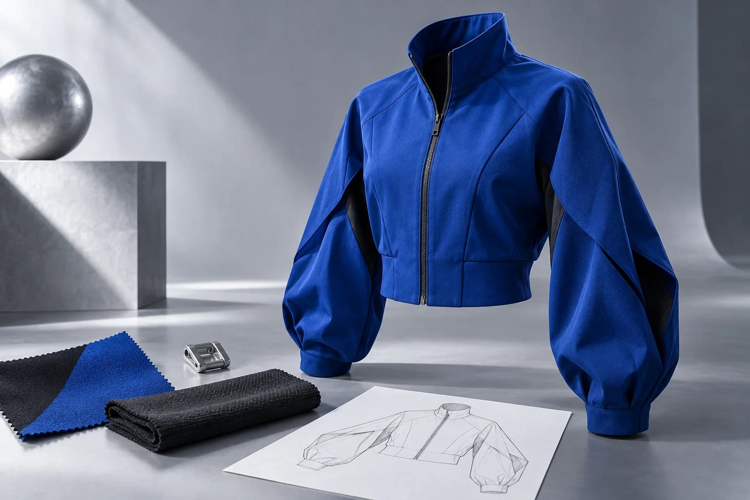 A cobalt jacket with fabric and sketch studies
