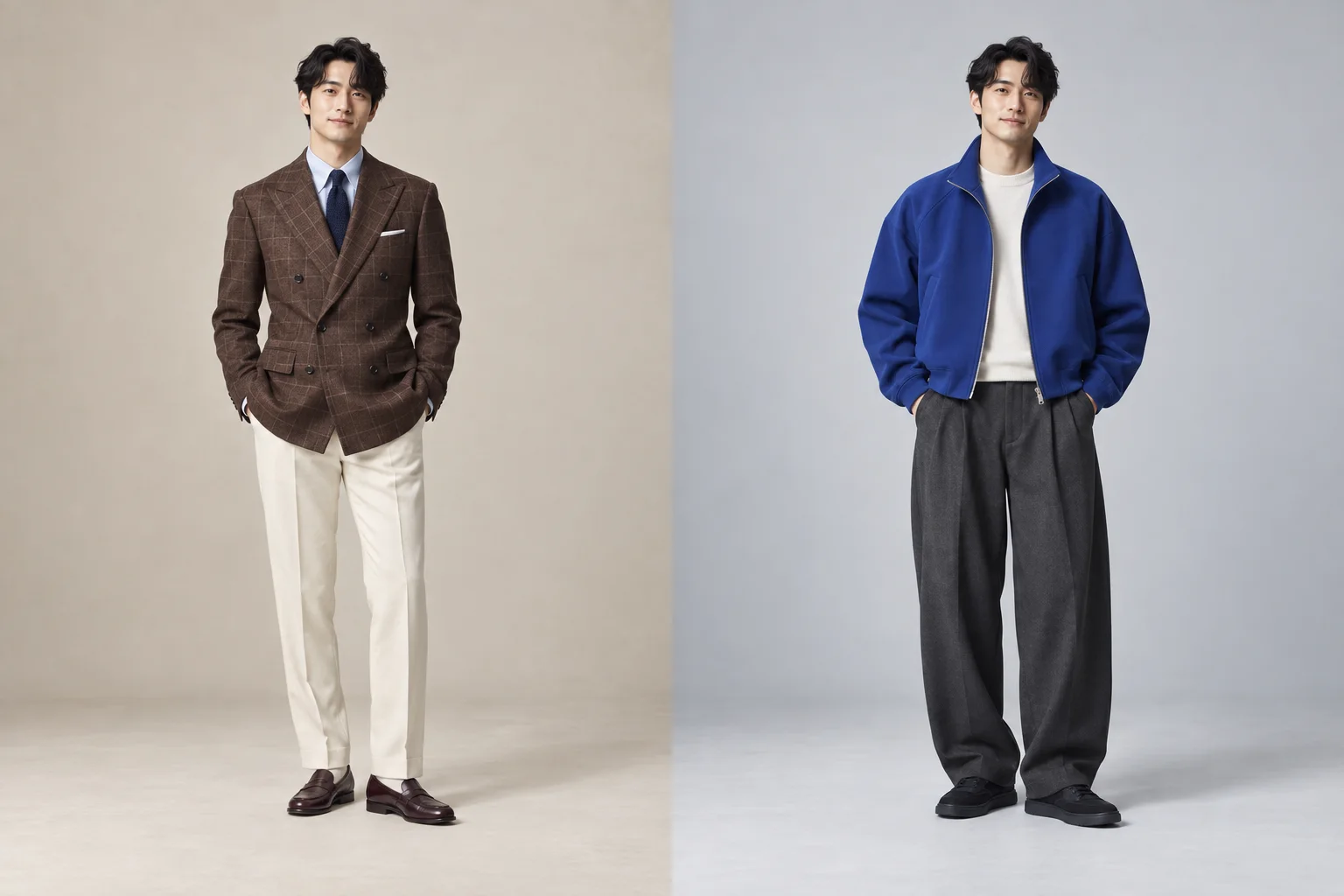 Two full-length views of the same male model, from head to shoes. Left: brown checked blazer and cream trousers. Right: cobalt blouson and charcoal wide-leg trousers.